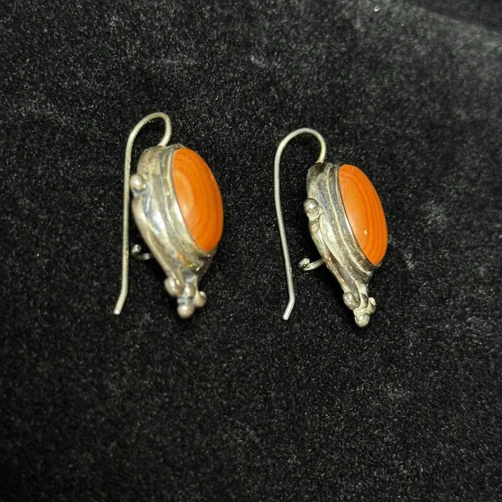 Vintage MC 925 Sterling Silver Orange Banded Agate Drop Artisan Earrings - Picture 3 of 7
